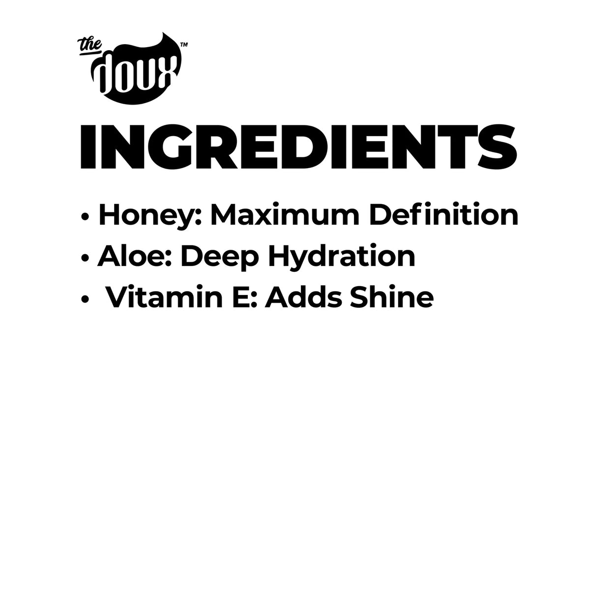 Ingrediensliste for The Doux Bee-Girl Honey Curl Custard 454gr med honning, aloe og E-vitamin til krølledefinition.