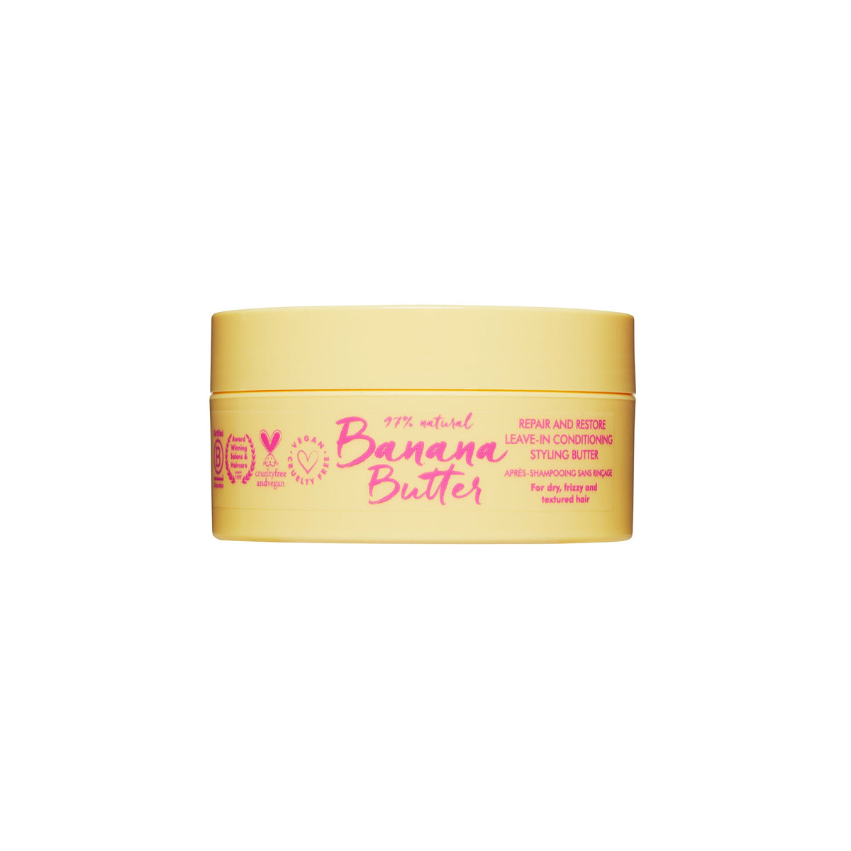 Lys gul beholder med Banana Butter leave-in conditioner til kruset og tørt hår, med tekst i pink på forsiden.