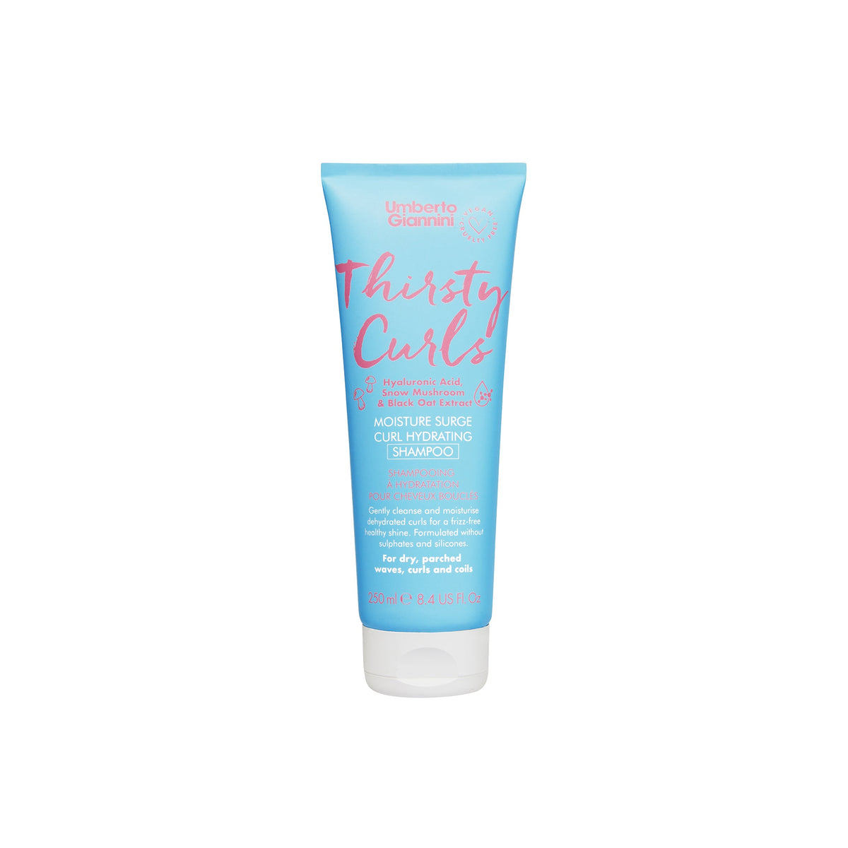 Umberto Giannini Thirsty Curls Moisture Surge Shampoo i blå tube med lyserød tekst, til tørt og kruset krøllet hår.