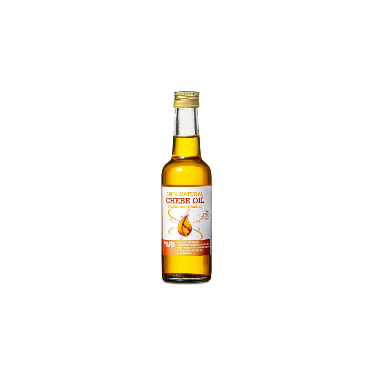 YARI 100% Naturlig Chebe Olie (250 ml). Klar glasflaske med gyldent låg, indeholdende chebe olie. Traditionel tchadisk opskrift.
