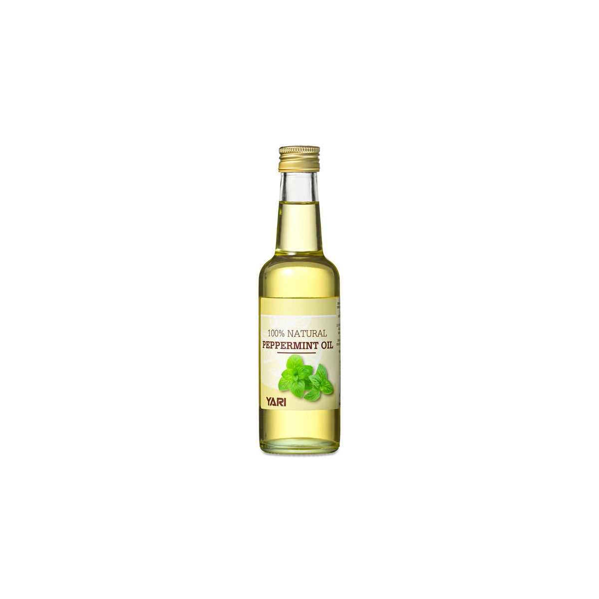 YARI 100% Naturlig Pebermynteolie (250 ml). Klar glasflaske med gyldent låg, indeholdende pebermynteolie.