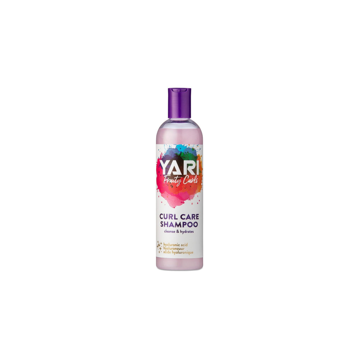 YARI Fruity Curls Curl Care Shampoo (355 ml). Klar flaske med lilla låg. Shampoo der renser og fugter krøller, indeholder hyaluronsyre.