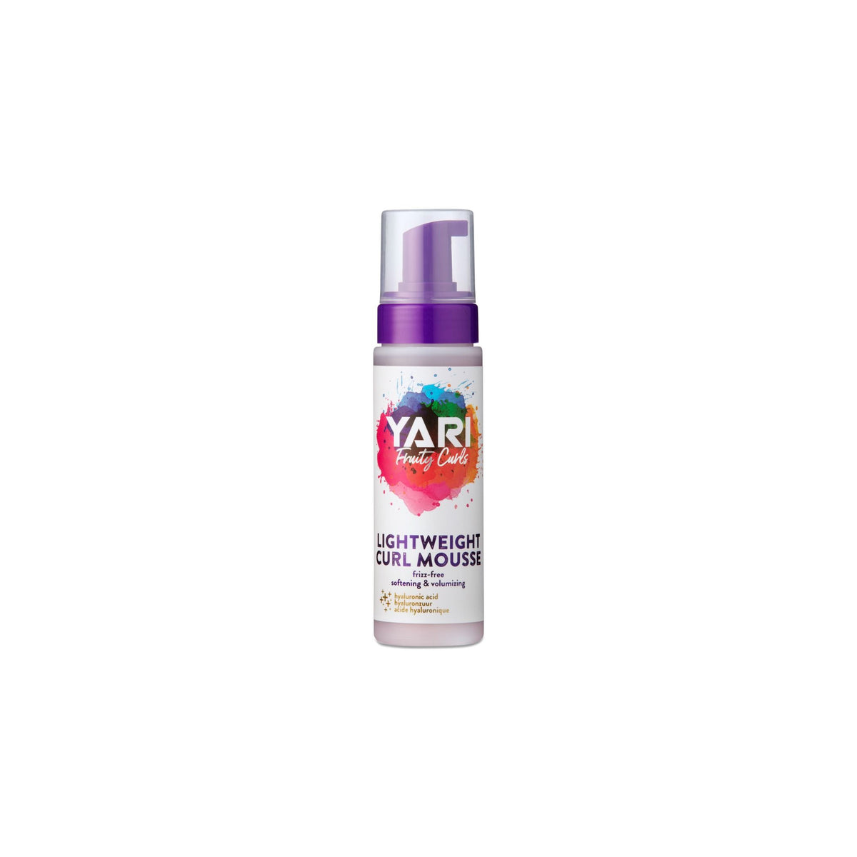 YARI Fruity Curls Lightweight Curl Mousse (220 ml). Hvid flaske med lilla pumpe. Let krøllemousse der modvirker krus, blødgør og giver volumen.