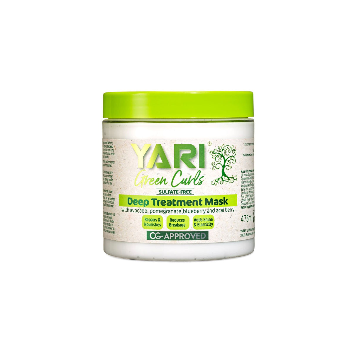 YARI Green Curls Deep Treatment Mask (525 ml). Hvid dåse i plast med grønt låg. Dybtvirkende hårkur med avocado, granatæble, blåbær og acai. Reparerer, nærer, reducerer knæk og tilføjer glans og elasticitet. Sulfatfri og CG-godkendt.