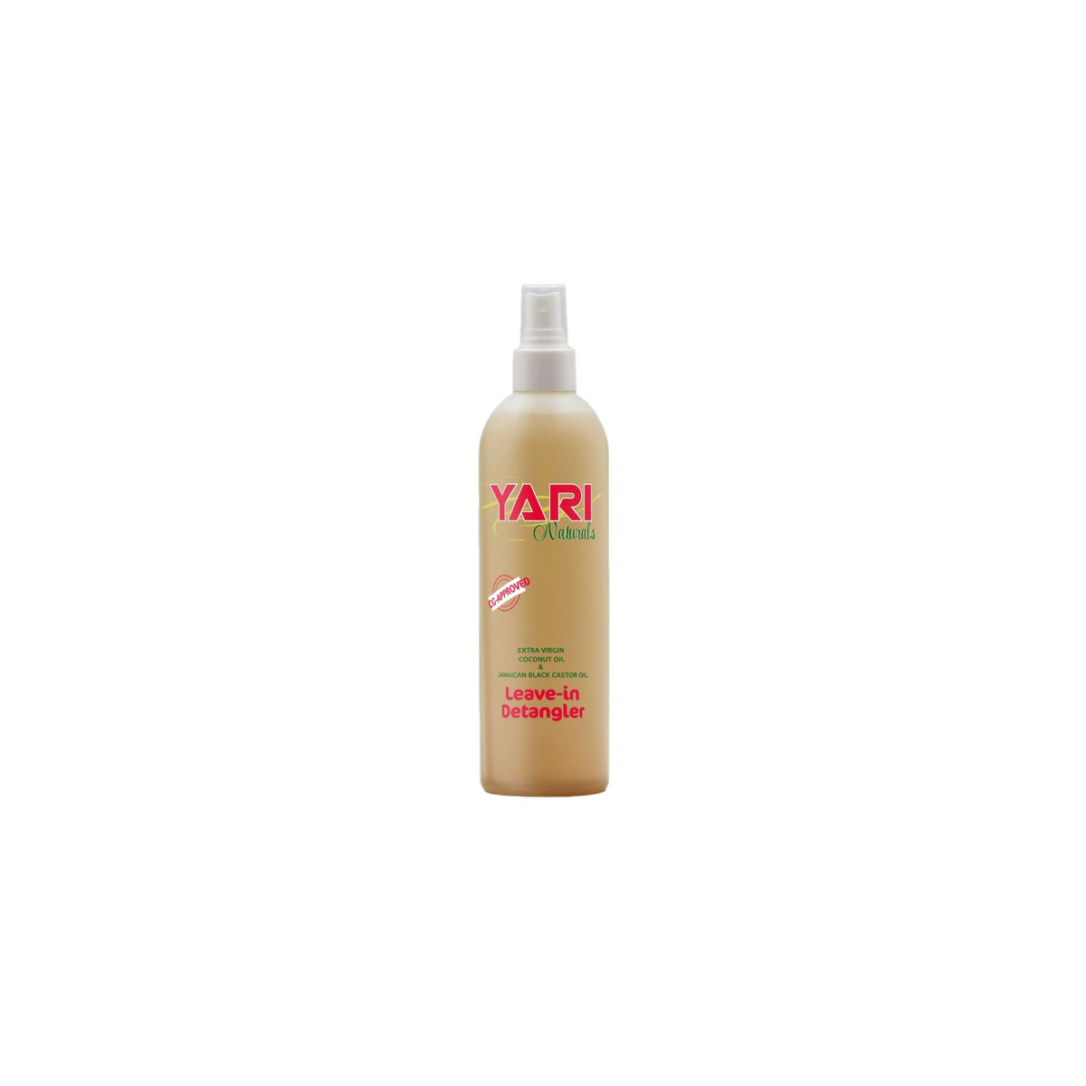 Yari Naturals Leave-in Detangler (375 ml). Lys, gennemsigtig sprayflaske med hvid spraytop og rød skrift. Indeholder kokosolie og jamaicansk sort ricinusolie.