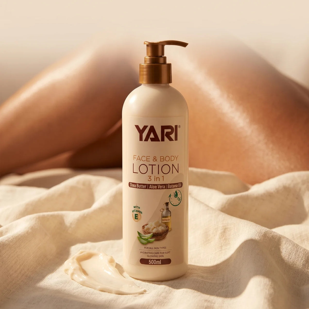 Yari Face & Body Lotion 3 in 1 med shea butter, aloe vera og batana olie i 500ml pumpeflaske.